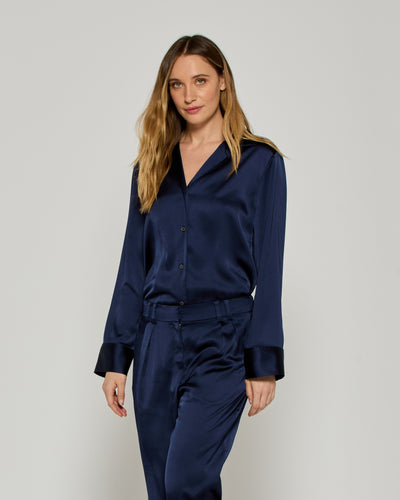 Satin Revere Collar Shirt - Dark Navy SERENA BUTE