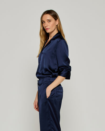 Satin Revere Collar Shirt - Dark Navy SERENA BUTE