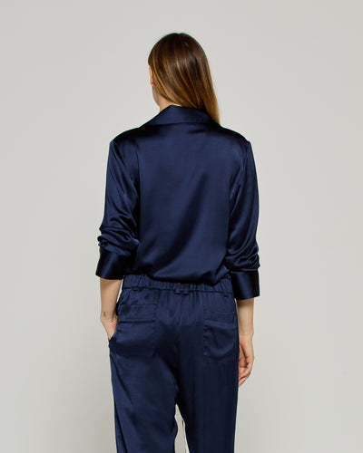 Satin Revere Collar Shirt - Dark Navy SERENA BUTE