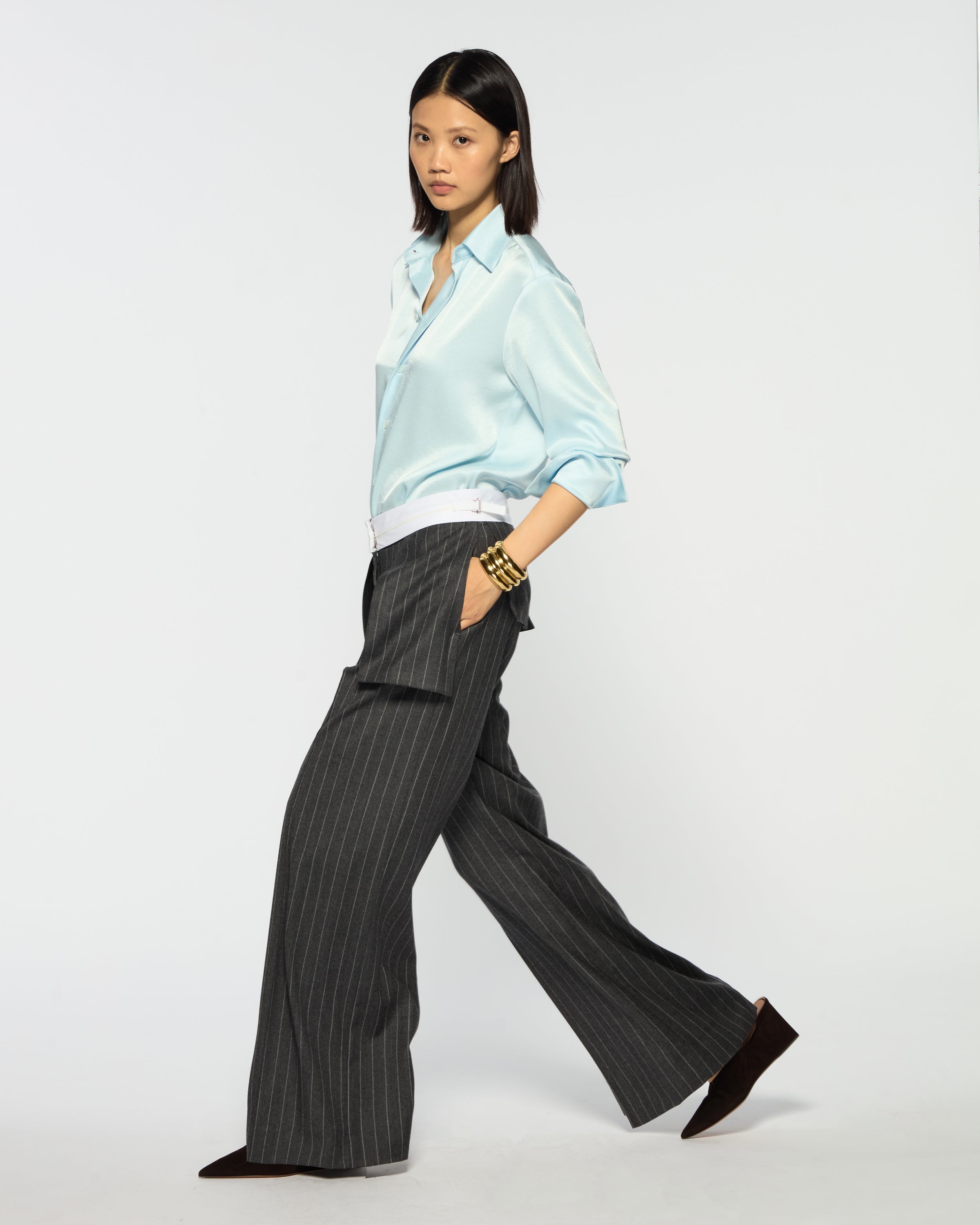 Inside Out Trouser  - Dark Grey Pinstripe Wool
