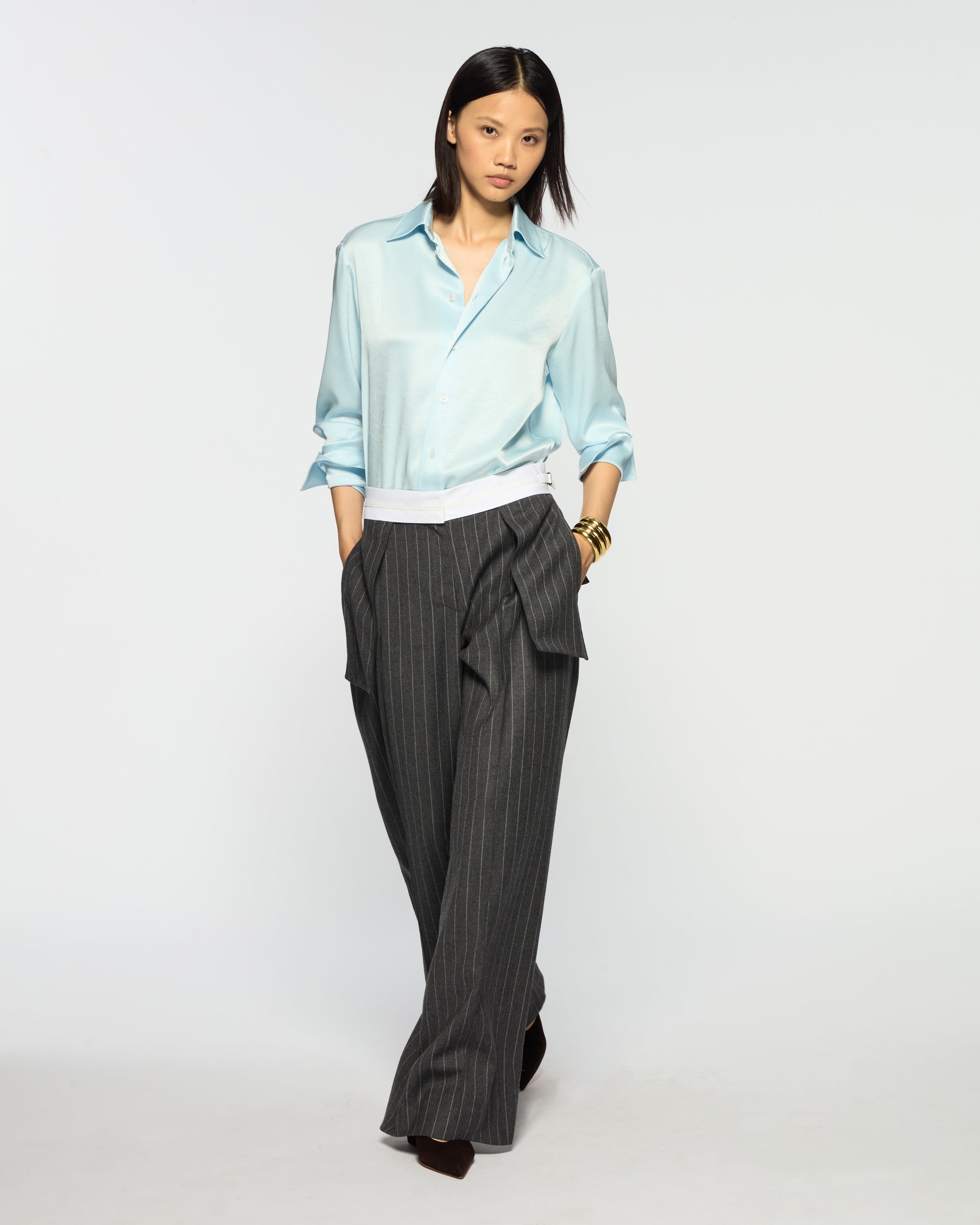 Inside Out Trouser  - Dark Grey Pinstripe Wool