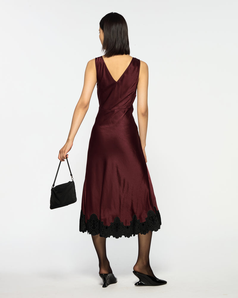 Satin Midi Dress with Lace Hem - Burgundy SERENA BUTE