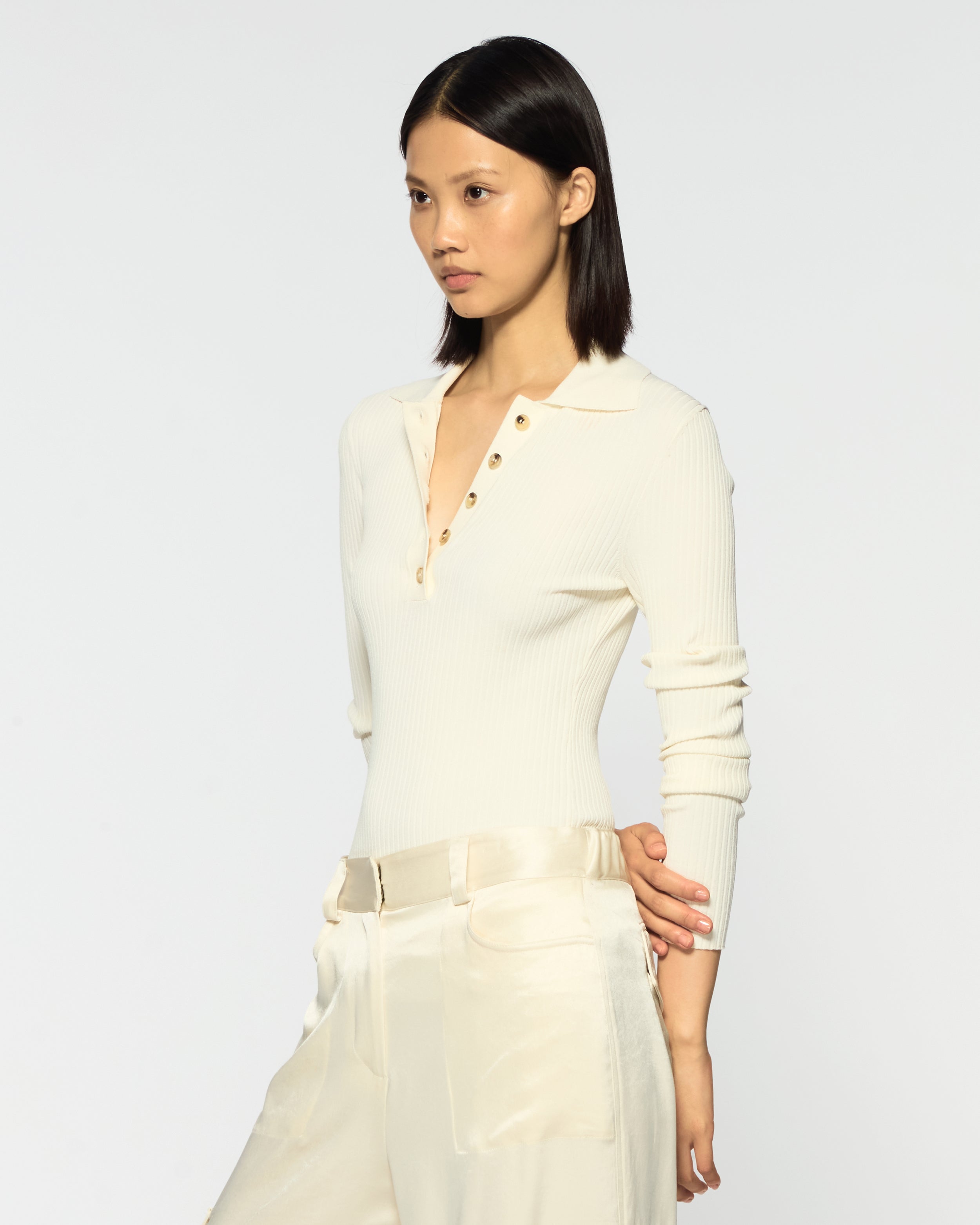 Ribbed Henley Top - Cream