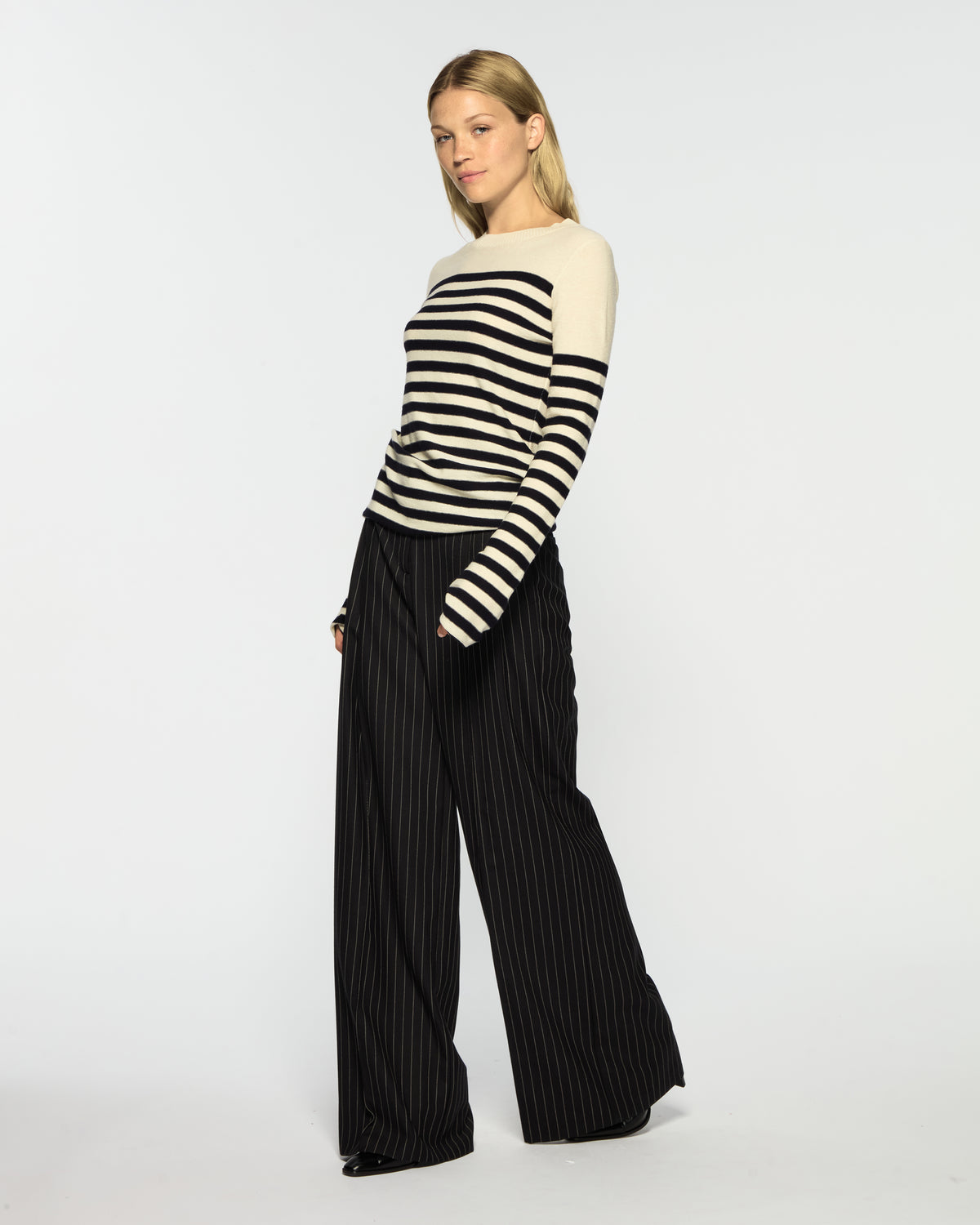 Serena Trouser - Black Pinstripe Wool