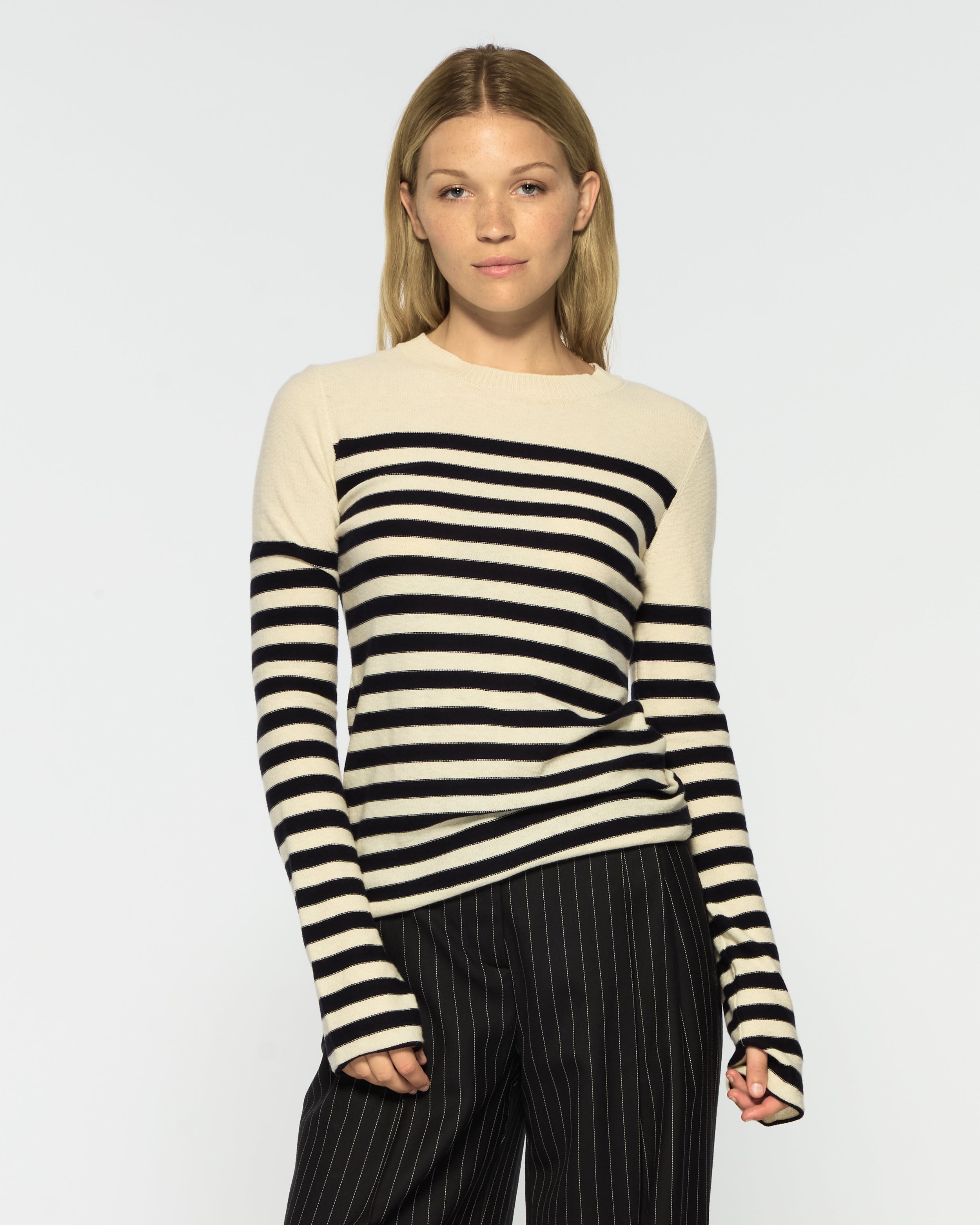 Striped Fitted Jumper - Cream / Navy Blue