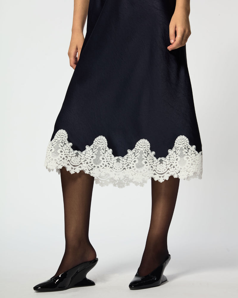 Satin Midi Dress with Lace Hem - Navy Blue SERENA BUTE