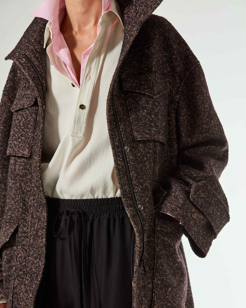 Tweed Funnel Neck Coat - Chocolate Brown SERENA BUTE