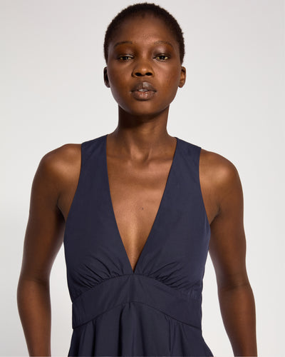 Cotton V Neck Midi Dress - Navy Blue SERENA BUTE