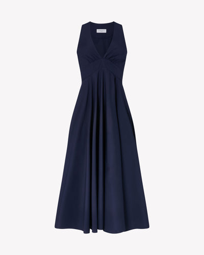 Cotton V Neck Midi Dress - Navy Blue SERENA BUTE