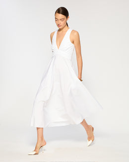 Cotton V Neck Midi Dress - White