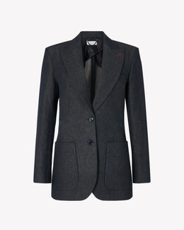 Denim Look Fitted Blazer - Navy Blue