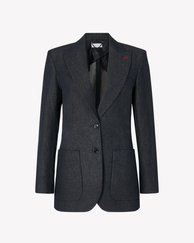 Denim Look Fitted Blazer - Navy Blue picture #1