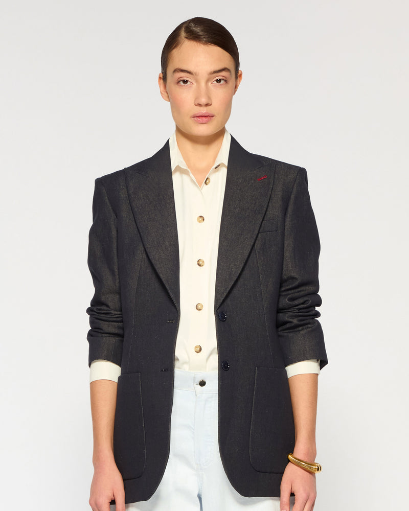 Denim Look Fitted Blazer - Navy Blue picture #2