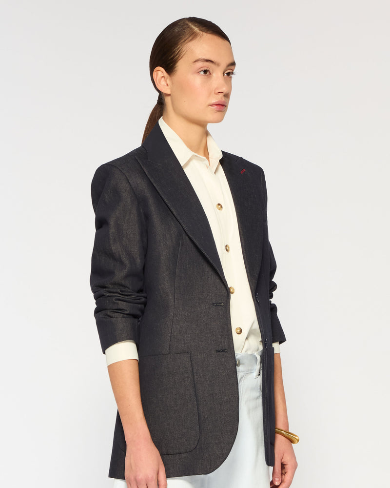 Denim Look Fitted Blazer - Navy Blue picture #3