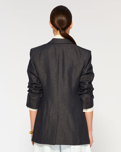 Denim Look Fitted Blazer - Navy Blue SERENA BUTE
