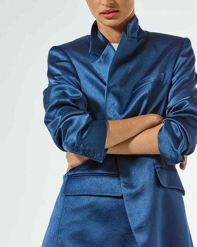 Satin Boyfriend Blazer - Dusty Navy Blue SERENA BUTE