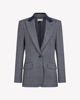 Wool Tweed Fitted Single Breasted Blazer - Navy Blue