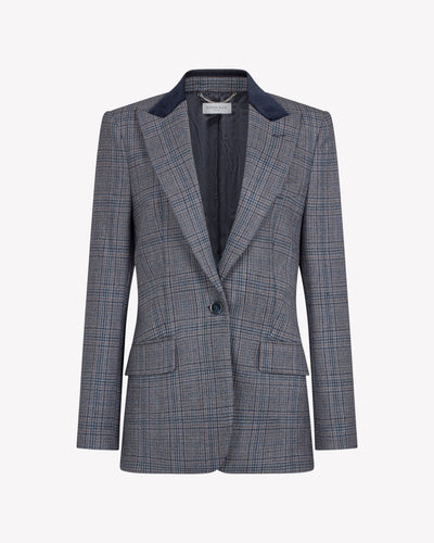 Wool Tweed Fitted Single Breasted Blazer - Navy Blue SERENA BUTE