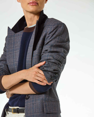Wool Tweed Fitted Single Breasted Blazer - Navy Blue SERENA BUTE