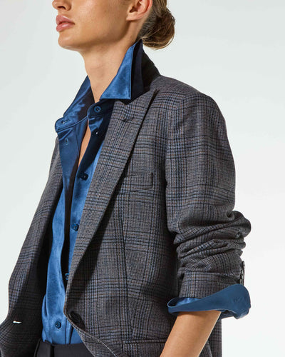Wool Tweed Fitted Single Breasted Blazer - Navy Blue SERENA BUTE