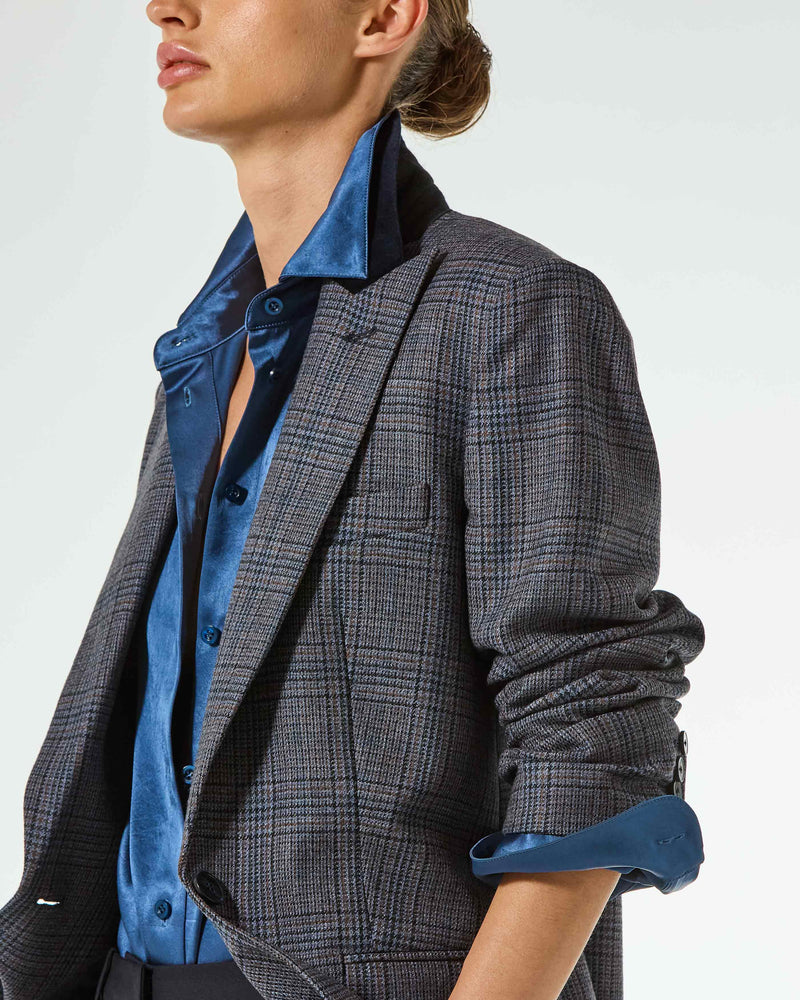 Wool Tweed Fitted Single Breasted Blazer - Navy Blue picture #2