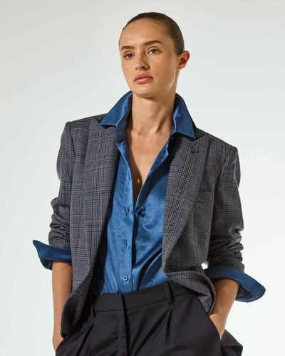 Satin Boyfriend Shirt - Dusty Navy Blue SERENA BUTE