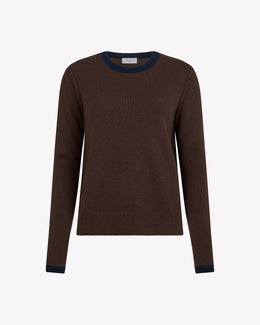 Wool Cashmere Round Neck Contrast Jumper - Chocolate Brown