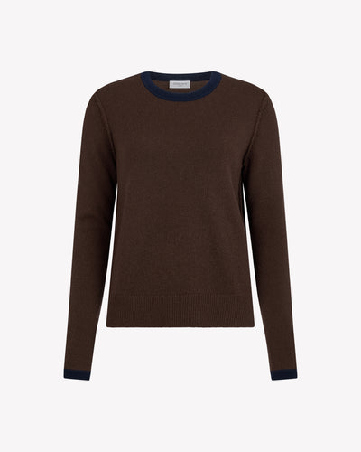Wool Cashmere Round Neck Contrast Jumper - Chocolate Brown SERENA BUTE