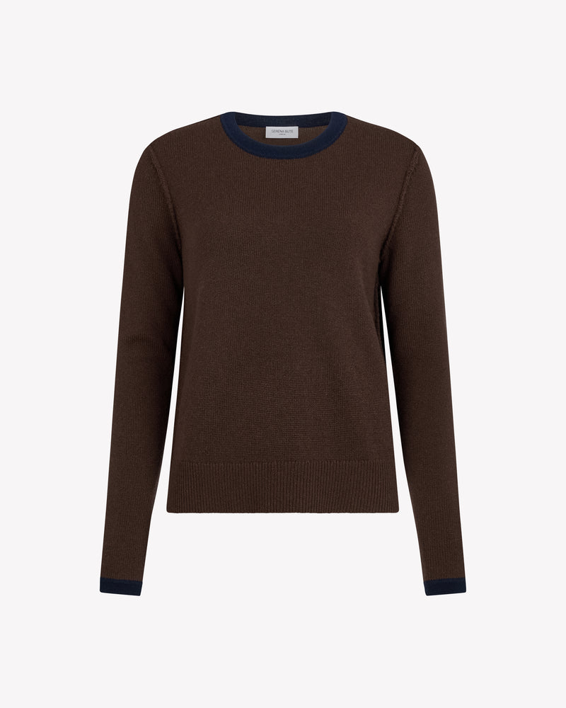 Wool Cashmere Round Neck Contrast Jumper - Chocolate Brown picture #1