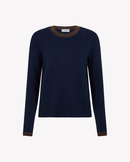 Wool Cashmere Round Neck Contrast Jumper - Navy Blue