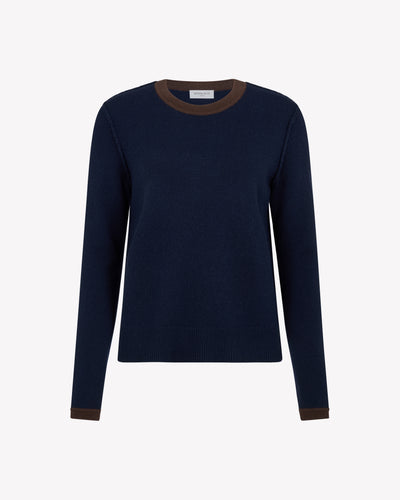 Wool Cashmere Round Neck Contrast Jumper - Navy Blue SERENA BUTE