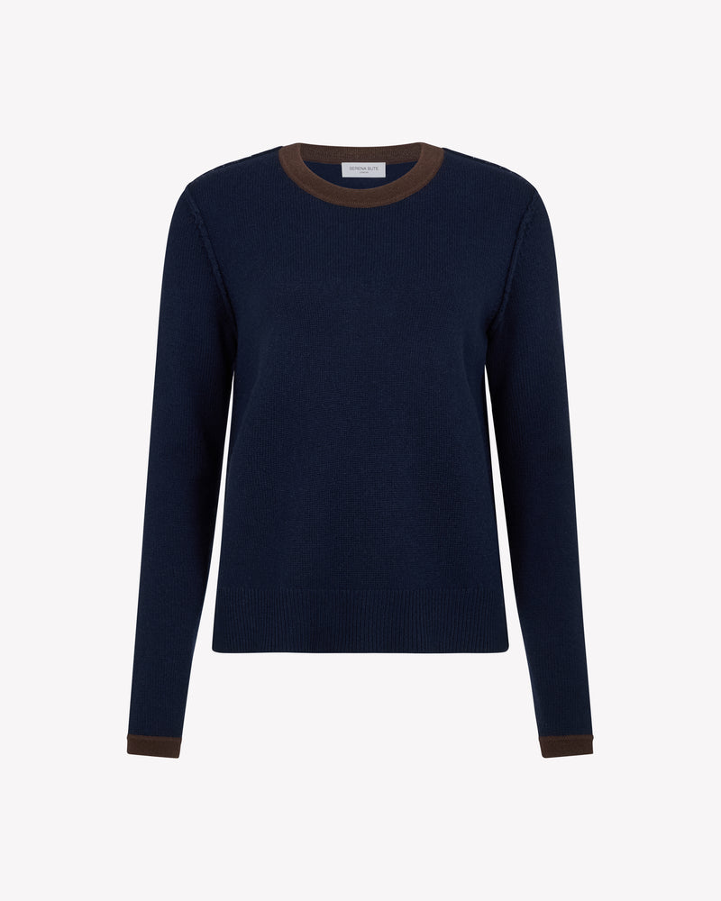 Wool Cashmere Round Neck Contrast Jumper - Navy Blue picture #1