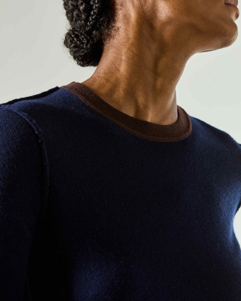 Wool Cashmere Round Neck Contrast Jumper - Navy Blue SERENA BUTE