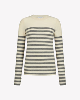 Merino Wool Striped Fitted Jumper - Cream and Grey