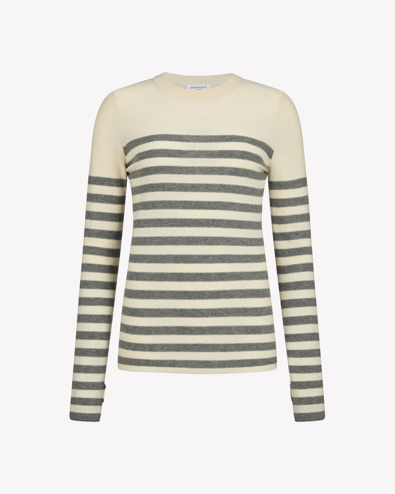 Merino Wool Striped Fitted Jumper - Cream and Grey picture #1
