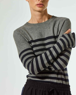 Merino Wool Striped Fitted Jumper - Grey and Navy