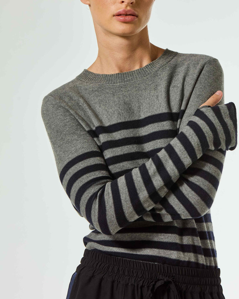 Merino Wool Striped Fitted Jumper - Grey and Navy SERENA BUTE