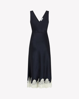 Satin Midi Dress with Lace Hem - Navy Blue