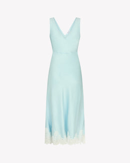 Satin Midi Dress with Lace Hem - Pale Blue