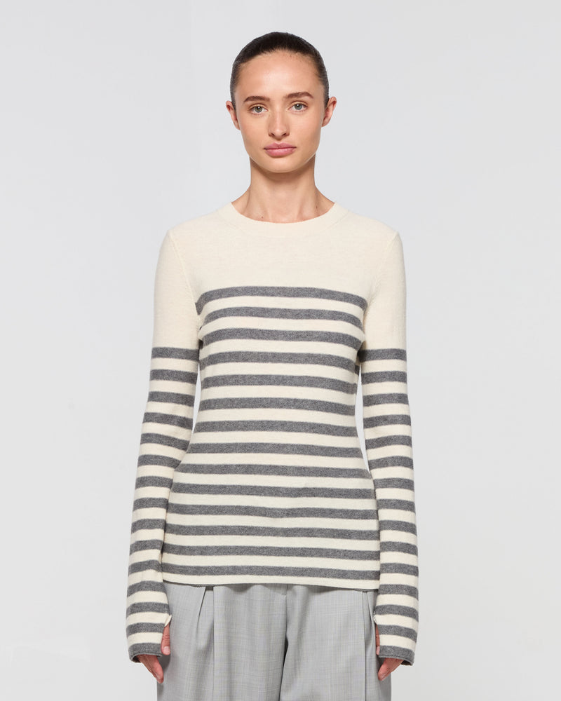 Merino Wool Striped Fitted Jumper - Cream and Grey picture #2