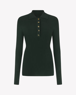 Ribbed Henley Top - Forest Green