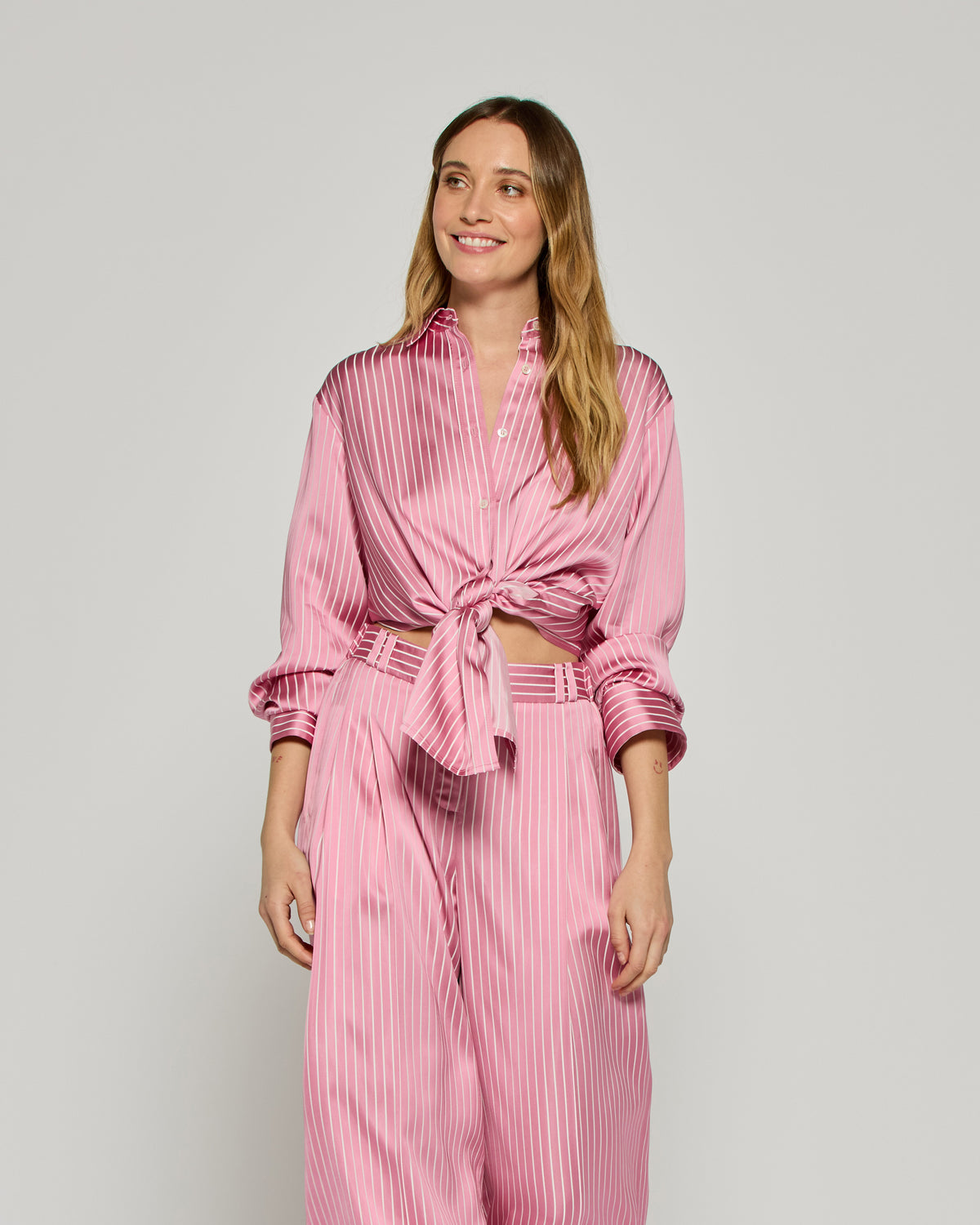 Satin Stripe Open Back Shirt - Pink