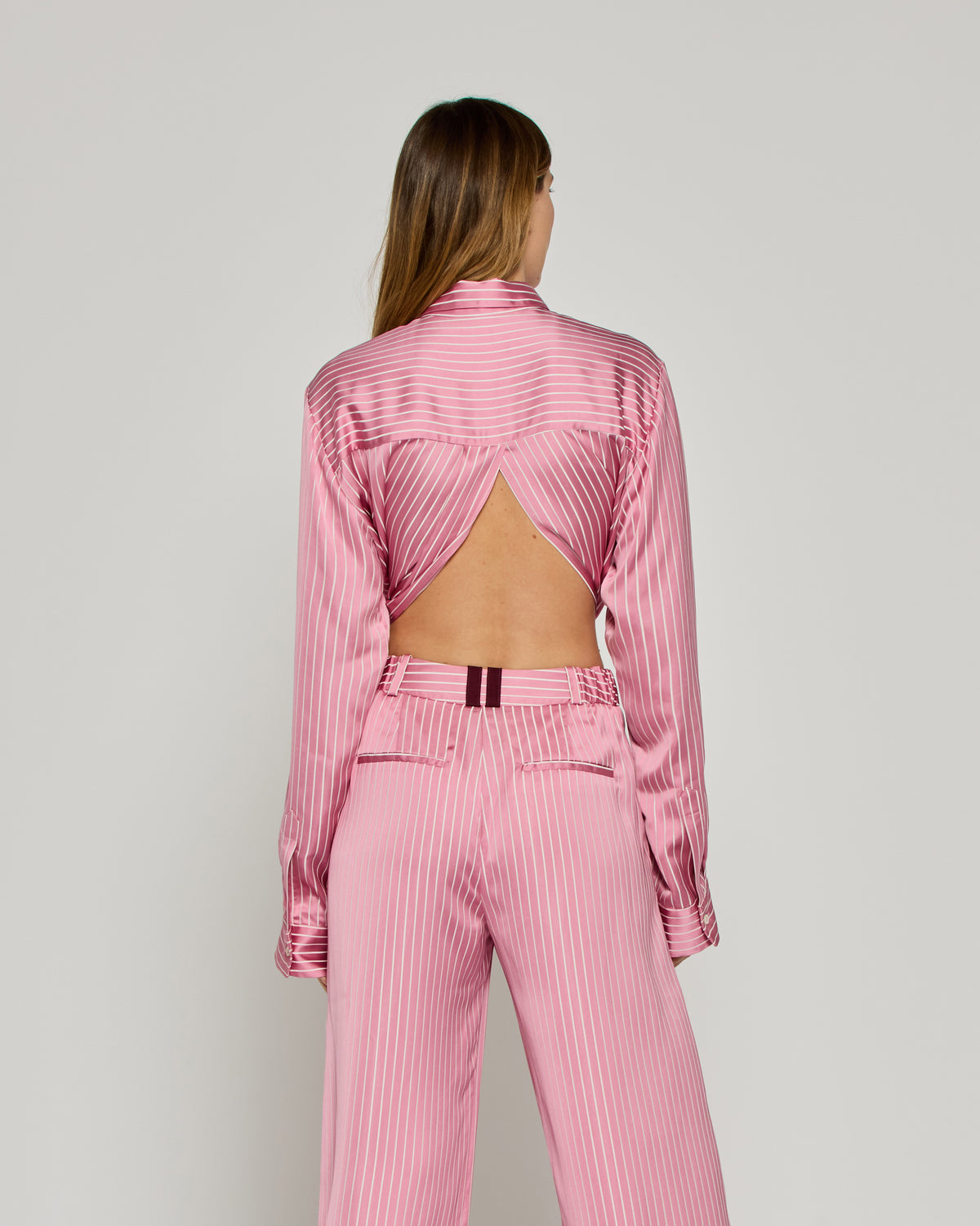 Satin Stripe Open Back Shirt - Pink