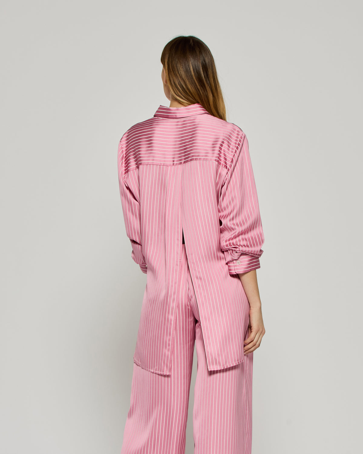 Satin Stripe Open Back Shirt - Pink