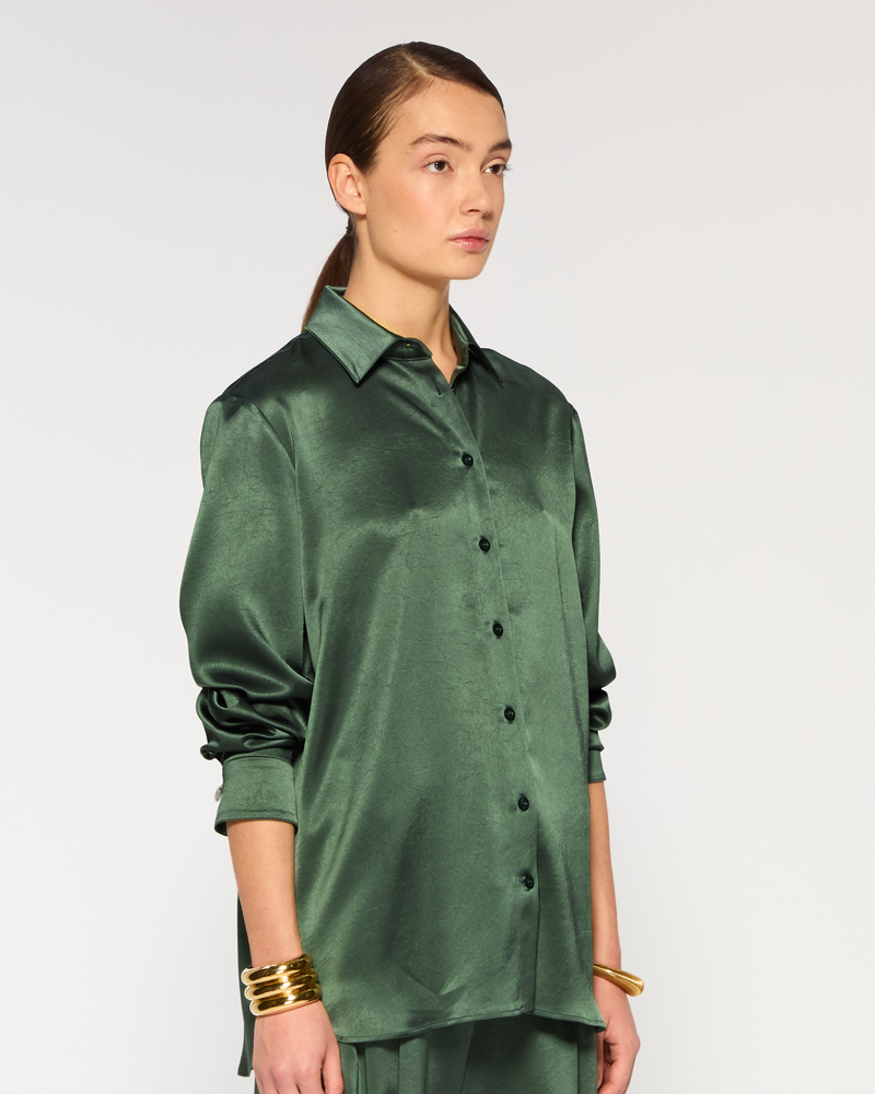 Satin Boyfriend Shirt - Dark Green picture #3