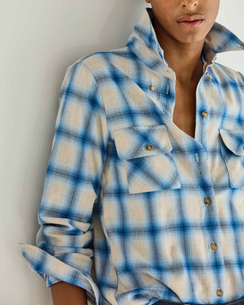 Brushed Cotton Check Shirt - Blue SERENA BUTE