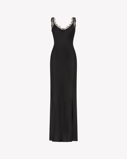 Silk Slip Dress with Lace Trim  - Black Silk