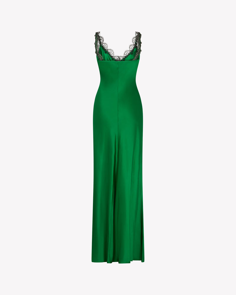 Silk Slip Dress with Lace Trim - Emerald Silk SERENA BUTE