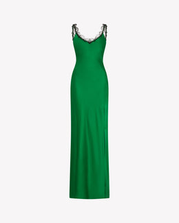 Silk Slip Dress with Lace Trim - Emerald Silk