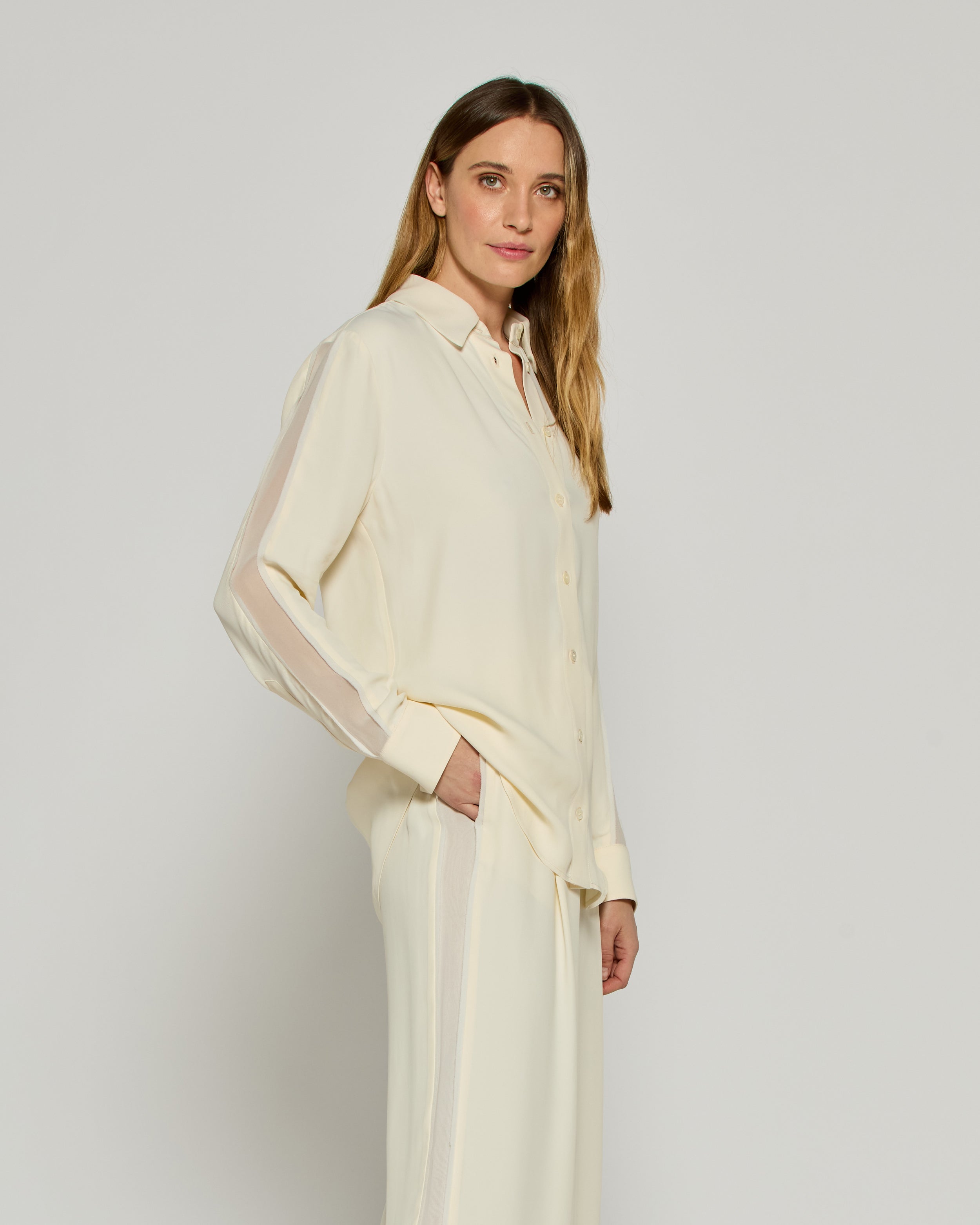 Classic Shirt with Georgette Trim - Cream